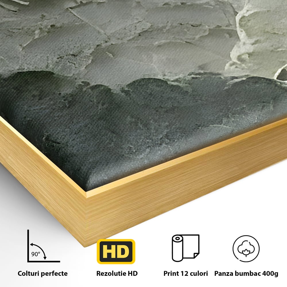 Detaliu al suprafetei: tablou canvas cu munti in relief, in rama de aluminiu auriu